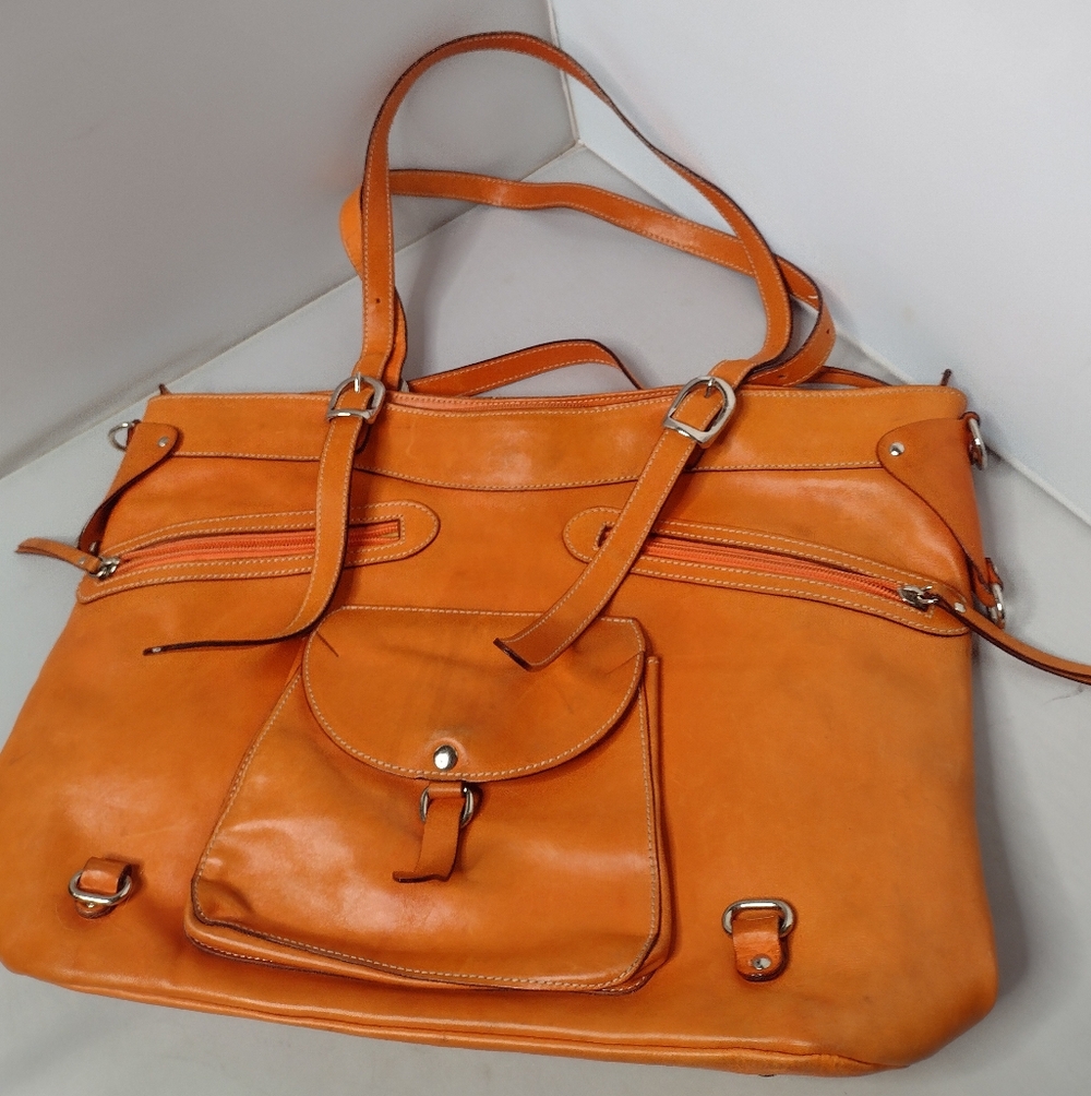 Cavalcanti Womens Orange Leather Large Tote Bag Shoulder Purse Italy